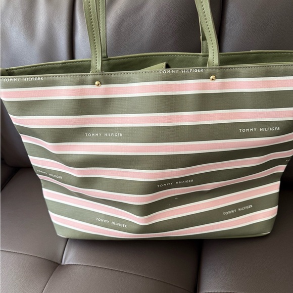 Tommy Hilfiger Olive and Pink Striped Tote - Picture 3 of 3